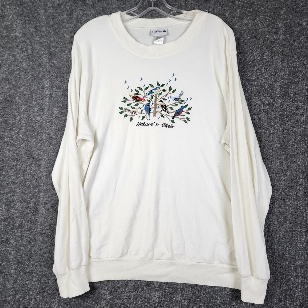 BonWorth Sweatshirt Women XL Cream Nature's Choir Embroidered Birds 34458